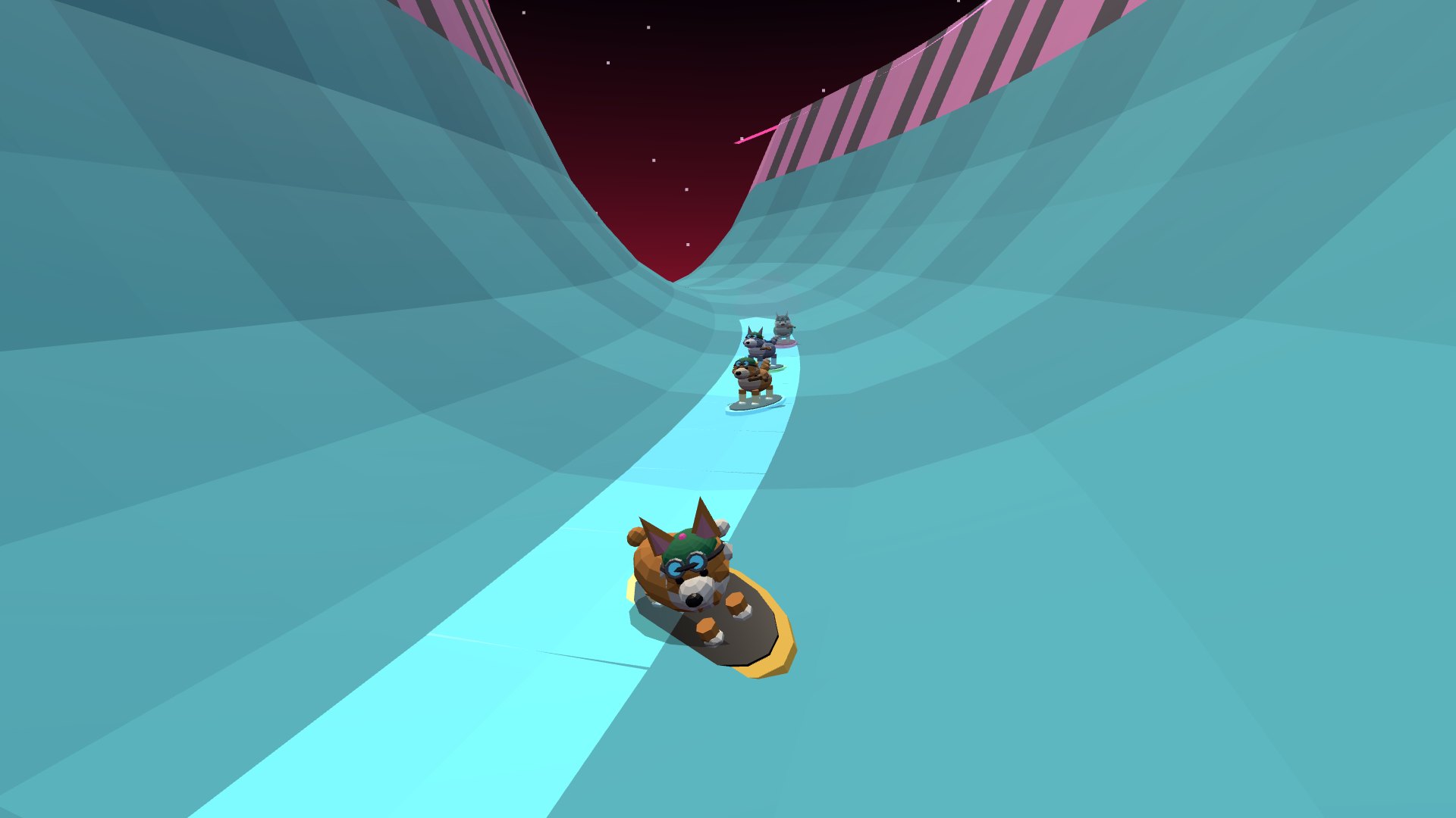 Four dogs riding the banked teal trough of the Ring in single file along the glowing cyan racing line, the wall curving up to the red crater sky.